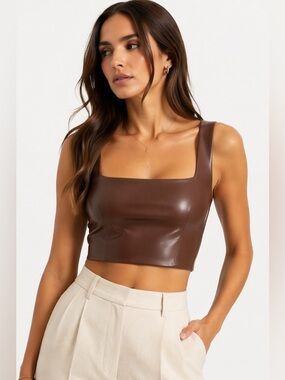 Express Brown Faux Leather Crop Tank XL Square Neck Body Contour Top